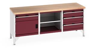 41002058.** Bott Cubio Storage Workbench 2000mm wide x 750mm Deep x 840mm high supplied with a Multiplex (layered beech ply) worktop, 4 x drawers (3 x 150mm & 1 x 200mm high), 1 x 350mm high integral storage cupboards and 1 x open mid section with full...